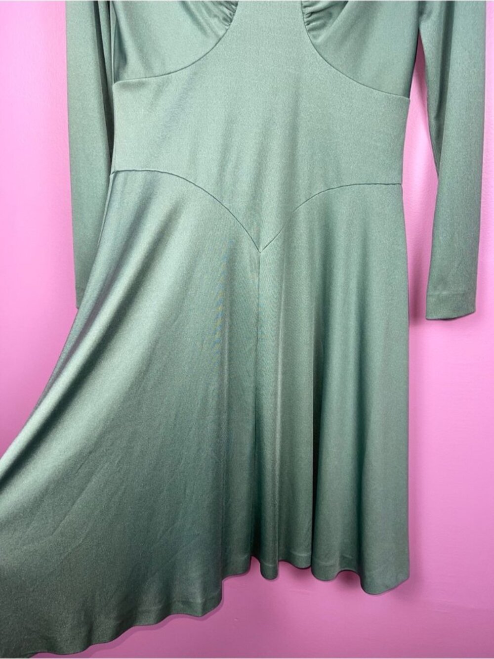 Leonard Sunshine Vintage 70s Slip Dress 12 Sage Green Hong Kong - Picture 6 of 9